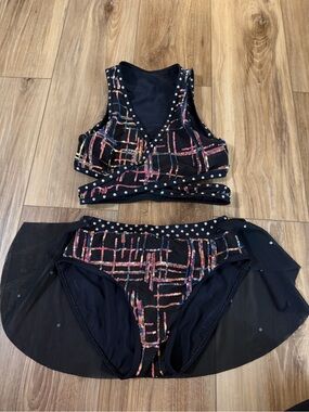 LC Weissman  Black Sequin Plaid Two-Piece dance Set with mesh half skirt